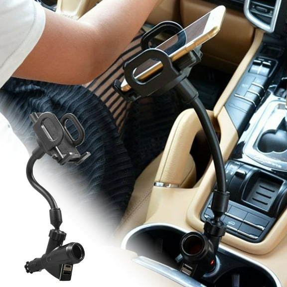 Cigarette Lighter Phone Holder Car Charger, Car Phone Mount with Adjustable Arm, 360° Rotation, Dual USB Multifunctional Car Phone Holder Charger