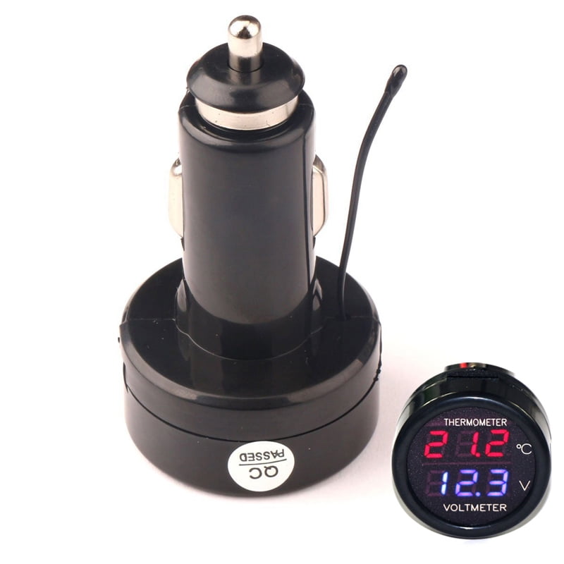 Cigarette Lighter Plug Digital Voltmeter Temperature Gauge 2in1