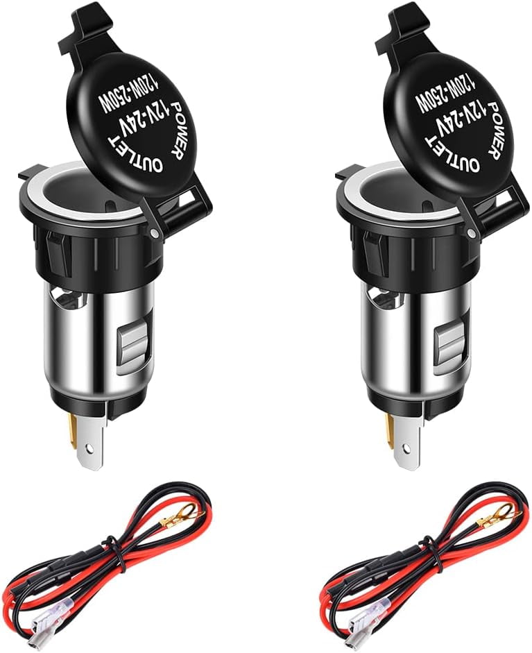 Cigarette Lighter Socket DC 12V/24V Power Outlet Socket Lighter Replacement  Auxiliary with Cover Wiring Harness for Automotive Boat Motorcycle pack of  2…