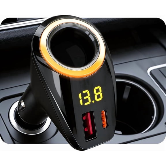 Cigarette Lighter Splitter, 4-in-1 Cigarette Lighter Adapter with 65W USB C PD3.0 & 22.5W QC3.0 Fast Charging + LED Voltage Display & Expandable 12V Socket Car Charger for iPhone 17/16/15 Samsung S25