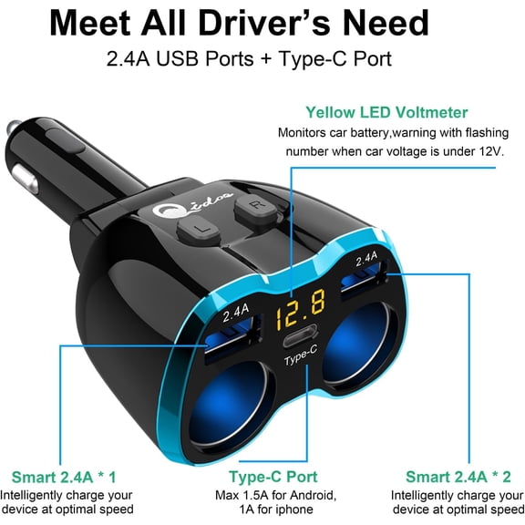 Cigarette Lighter Splitter: USB C 12V Car Charger Adapter 2 Socket Type C Multi 12 Volt Power Outlet 24V DC 80W with LED Voltmeter Switch 6.3A Dual USB Port for Mobile Cell Phone GPS Dash Cam