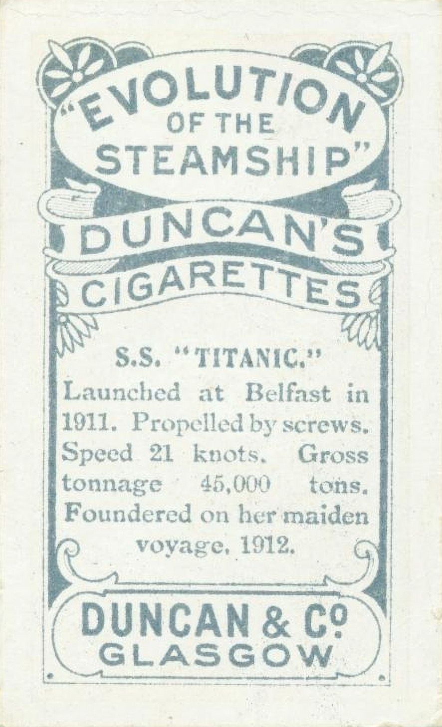 Cigarette card Duncans cigarettes Titanic back Canvas Art - (24 x 36)