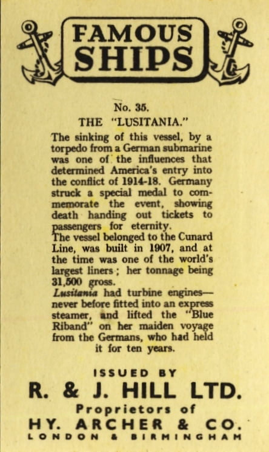 Cigarette card Lusitania back Canvas Art - (24 x 36)