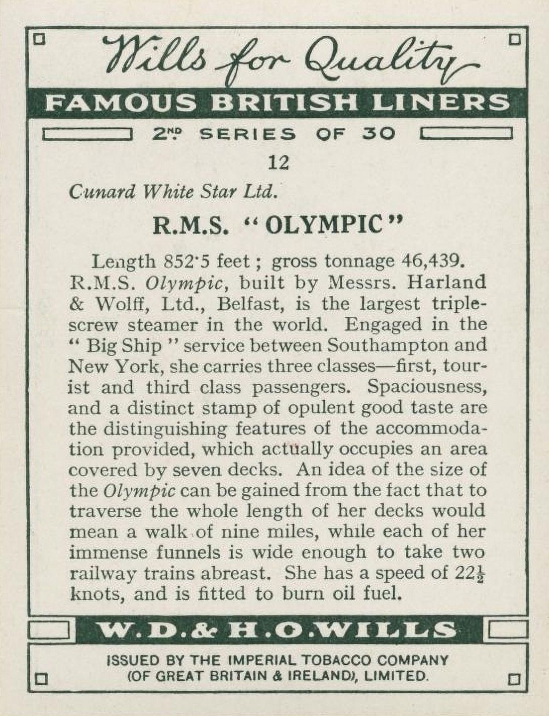 Cigarette card RMS Olympic back Canvas Art - (24 x 36)