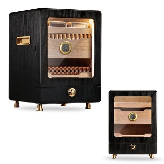 Cigars Humidor Cabinet, LED Lighting, Digital Hygrometer, 3 Humidifiers, Desktop Cedar Wood Humidor with Accessory Drawer for 100-150 Cigars, Ideal Men's Gift