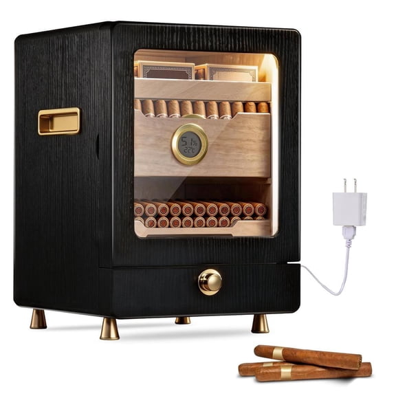 Cigars Humidor, Desktop Cigars Humidor Cabinet Light Control System with Spanish Cedar Wood Shelves, Hygrometer, 3 Humidifiers and Cigars Accessories Drawer, Father's Day Gift for Men (Black)