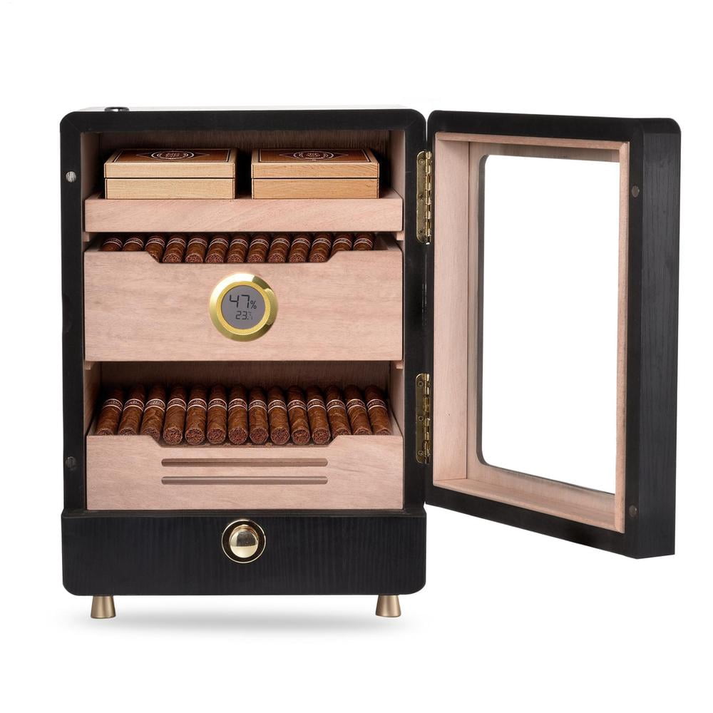Cigars Humidors, Cedar Wood Humidor with Digital Hygrometer, Drawers, Humidifiers. Cigars humidor Cabinet for Men Husband Father, 100-150 Cigars Capacity Black Color