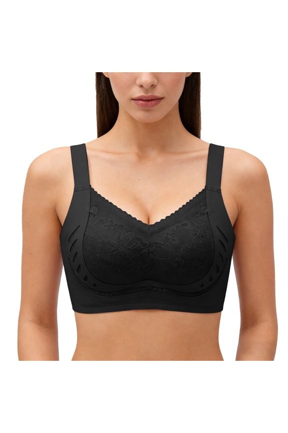 Lace Wireless Bra Wide Adjustable Straps Comfort Support Bra Breathable Comfort Minimizer Bra Lifting Bras for Seniors Seamless Wirefree Posture Correcting Push Up Full Coverage Bra Black M
