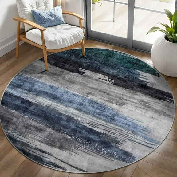 Ciicool 3ft Round Washable Rug, Modern Abstract Circle Rugs, Non-Slip Thin Low-Pile Rug Navy Grey Circular Print Distressed Carpet for Bedroom Living Room Under Dining Table Home Office Decor