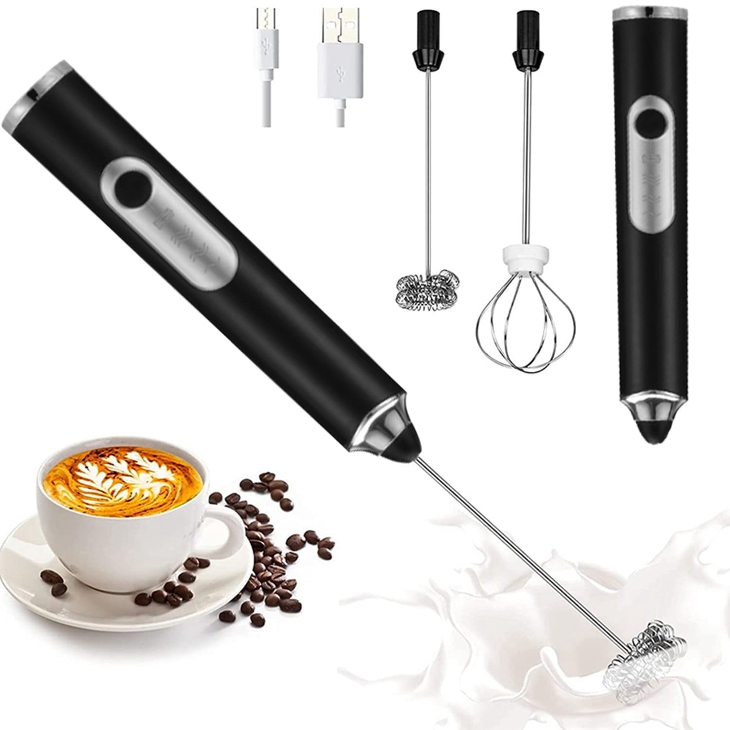 WOYUNG Milk Frother Handheld, with 2 Stainless Whisks, USB Rechargeable Hand Mixer, Black