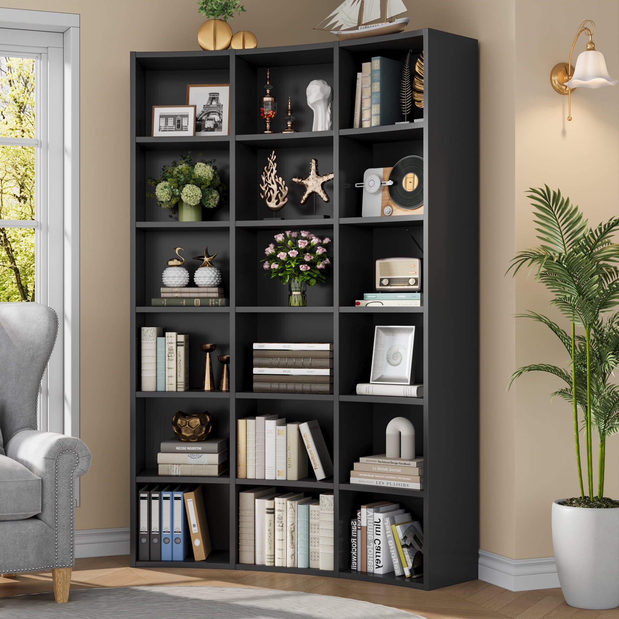Cikuso 71" Triple Width Bookcase, 18-Cube Curved Bookshelf Corner Bookcase, Curve Shape Display Storage Shelf for Living Room, Home Office, Black