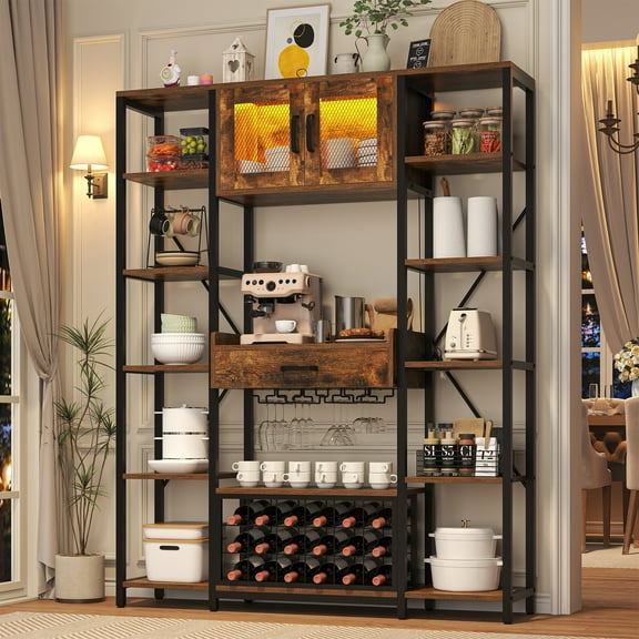 Cikuso Bar Cabinet with LED Light and Charging Station, Liquor Cabinet with Wine Holder and Rocks, Display Shelf Bar Cabinet with Drawer and Storage Cabinet, Brown