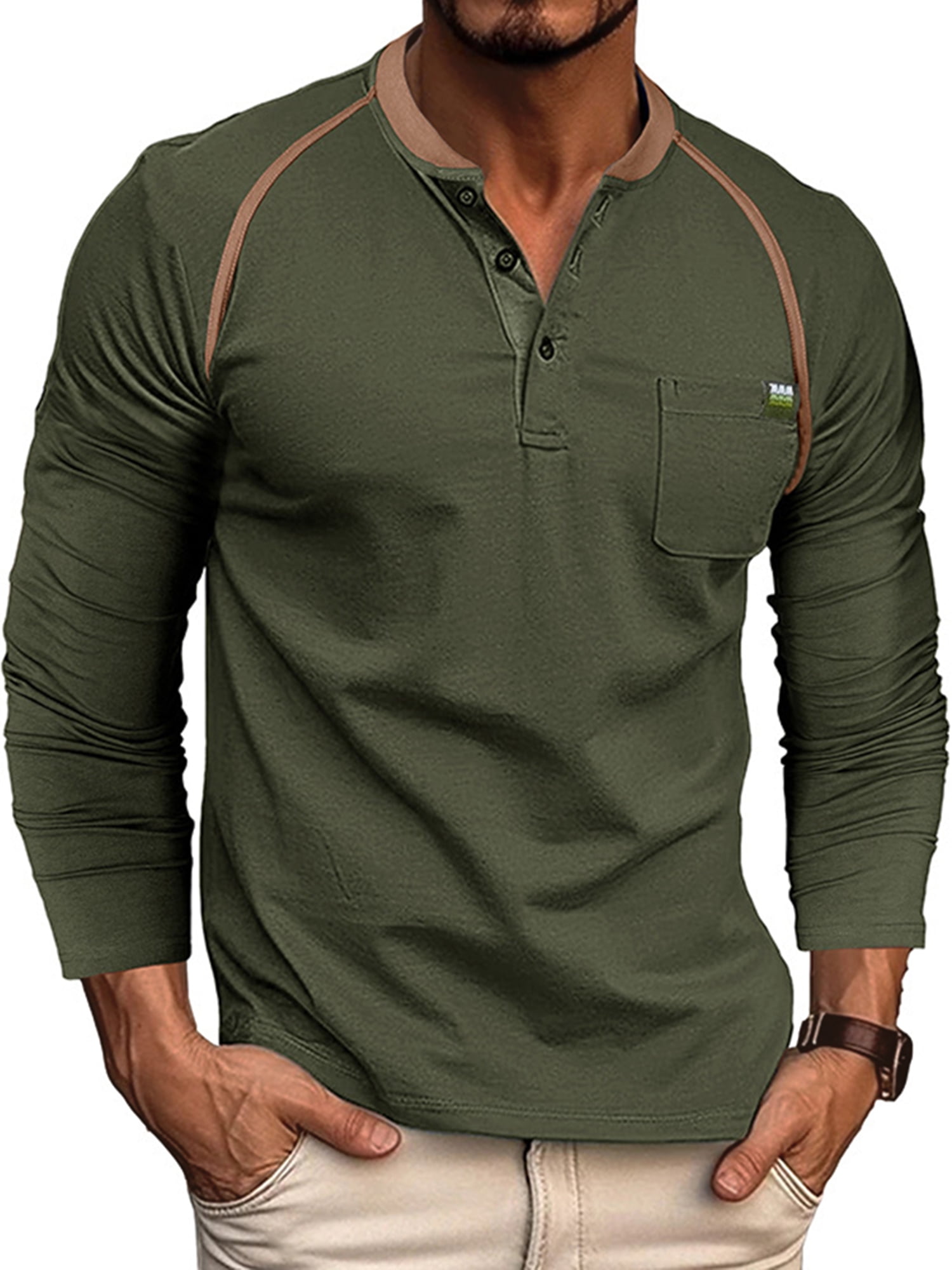 Cilcicy Men Henley Long Sleeve Pocket Polos Shirt