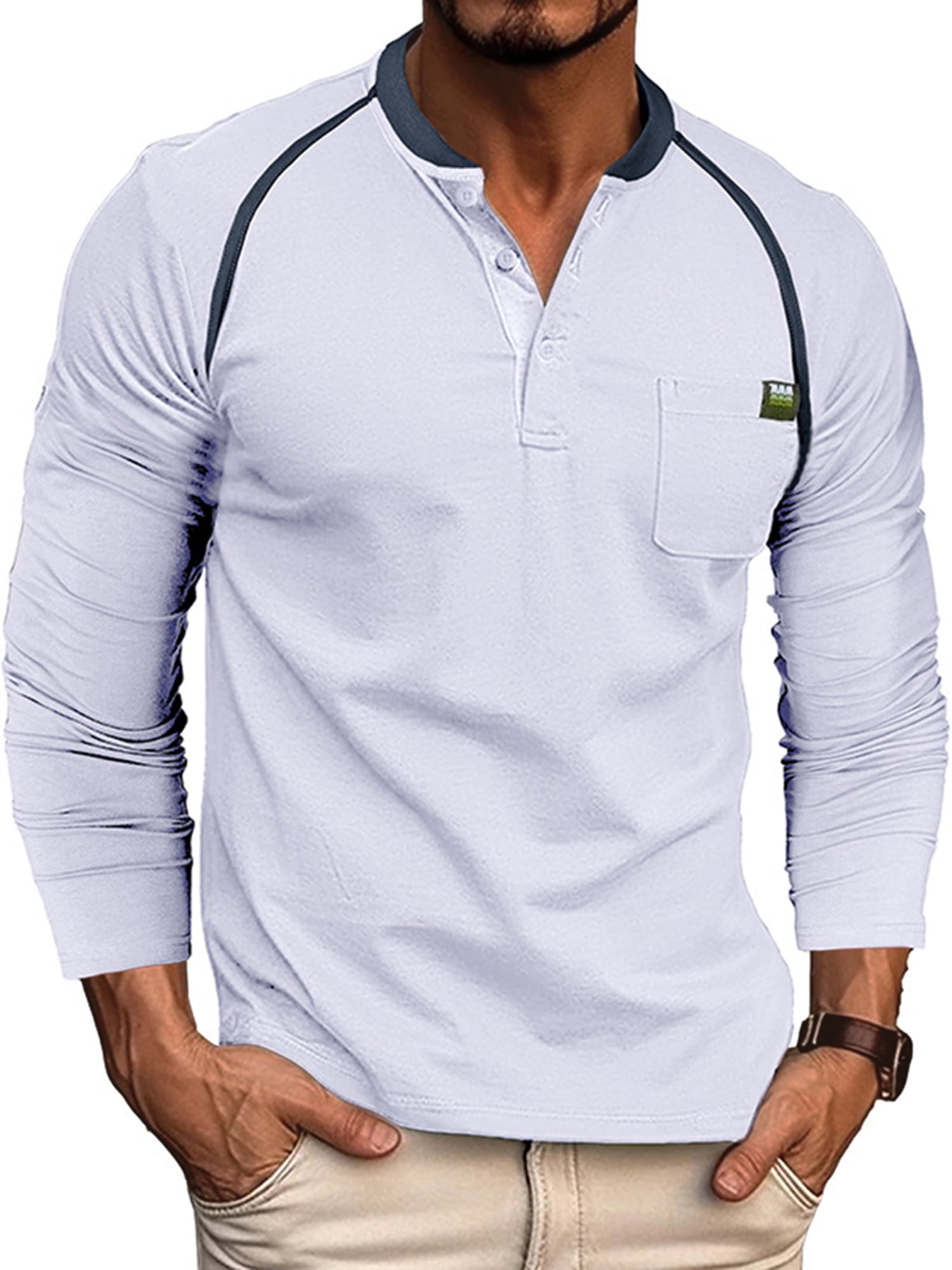 Cilcicy Men Henley Long Sleeve Pocket Polos Shirt