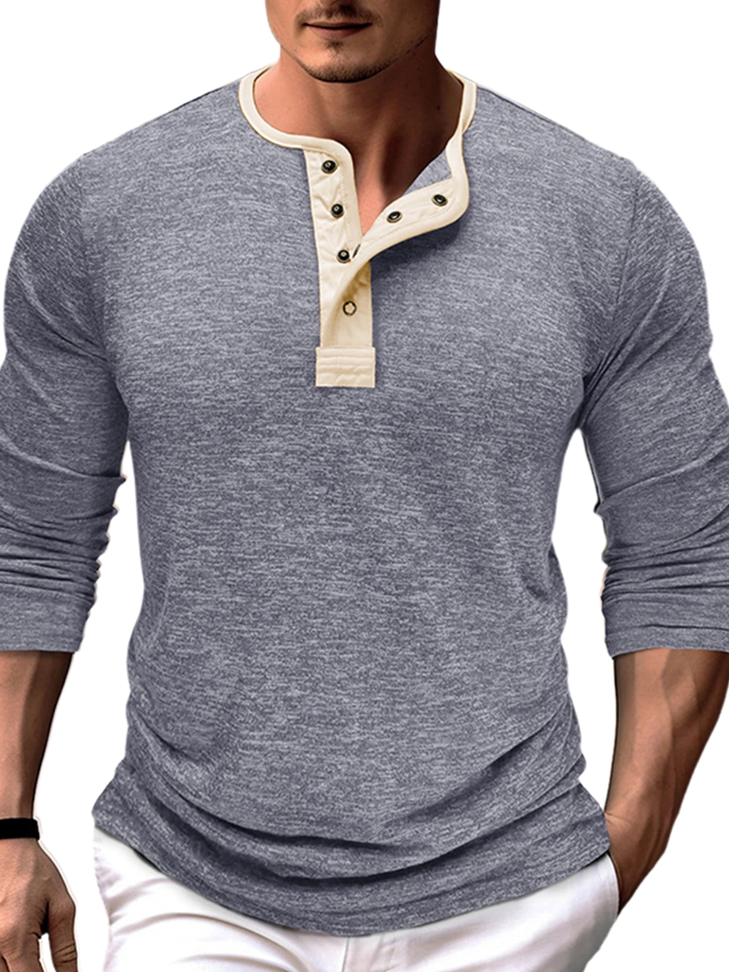 Cilcicy Men Long Sleeve Top Colorblock Half Open Collar Undershirts T