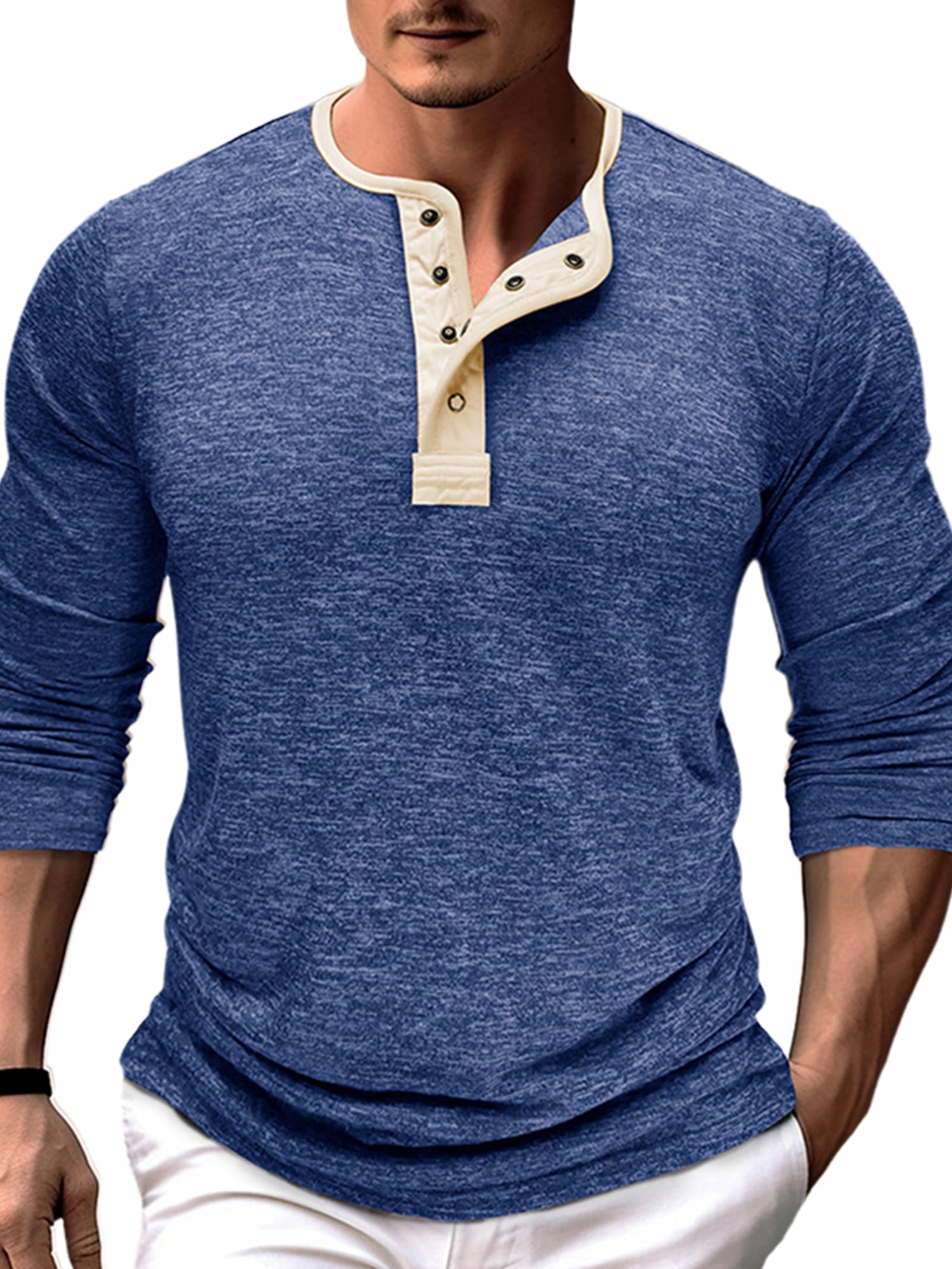 Cilcicy Men Long Sleeve Top Colorblock Half Open Collar Undershirts T
