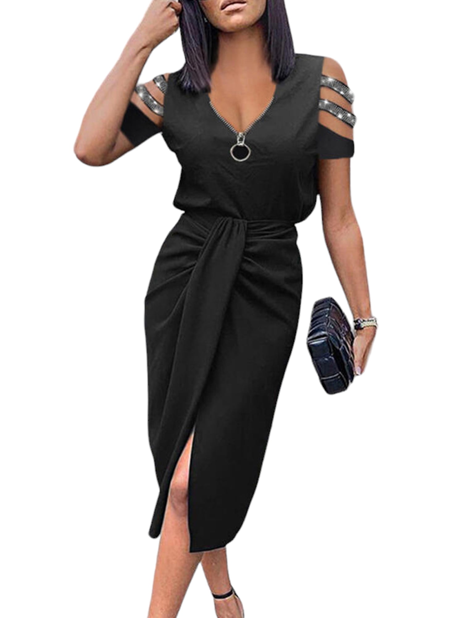 Cilcicy Off-The-Shoulder Hollow-Out Pleated Peplum Short-Sleeve Slit ...