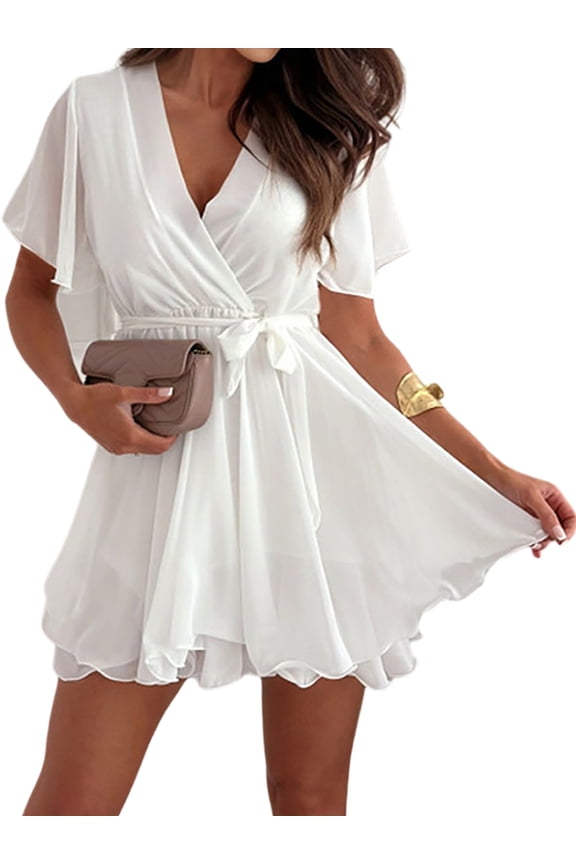 Sexy V-Neck Cross Strap Ruffle Hem Chiffon Dress For Women Women