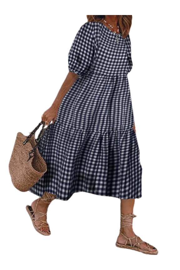 Women Ditsy Floral Check Short Sleeve Loose Doll Dress
