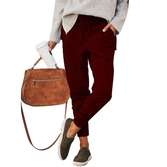 Cilcicy Women Drawstring Pocket Casual Solid Color Elasticised Waist Full-length Pants