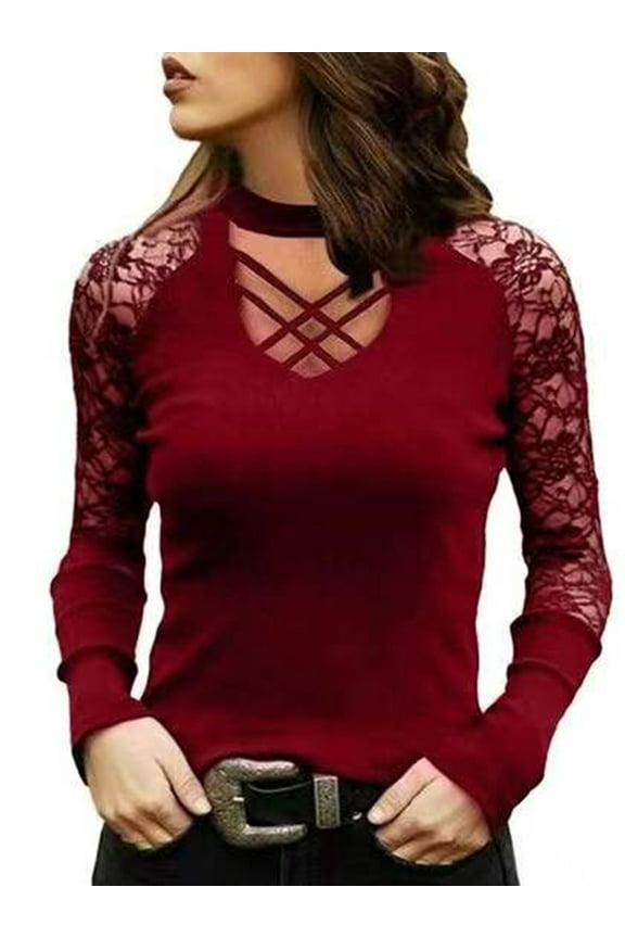 Women Elegant Round Neck T-Shirt Lace Long Sleeve Top