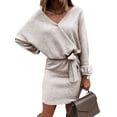 thumbnail image 1 of Cilcicy Women Fall Pullover Sexy Solid V-Neck Long Sleeve Casual Short Length Dress, 1 of 4