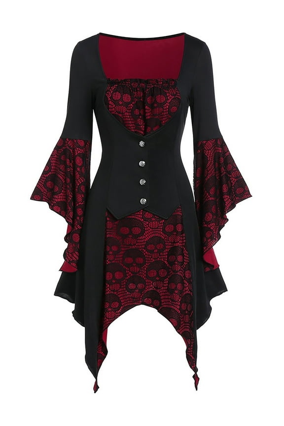 Women Flared Sleeve Gothic Steampunk Medieval Victorian Corset Dress