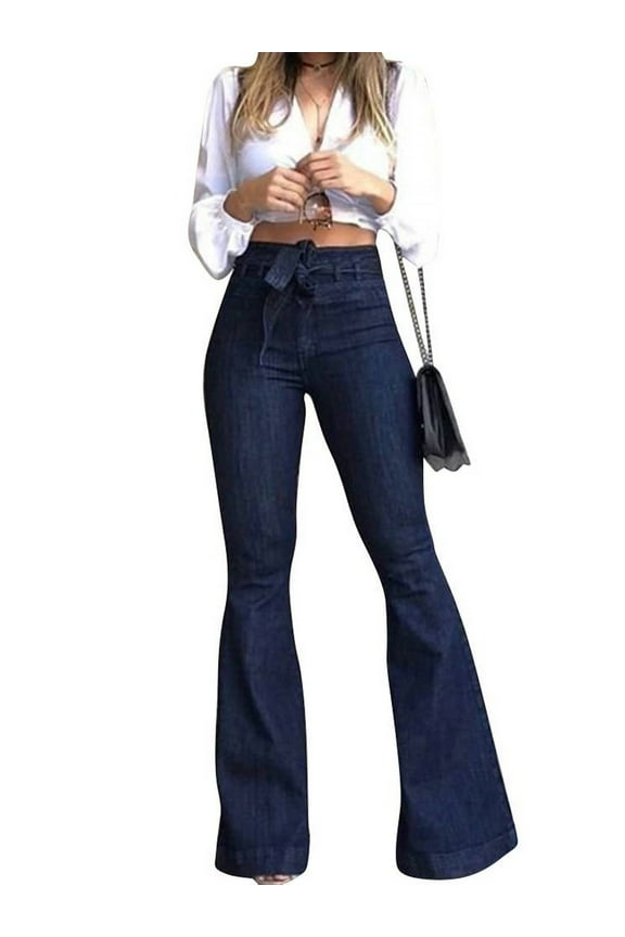 Women High Waist Slightly Elastic Belted Flare Pants Wide Leg Jeans