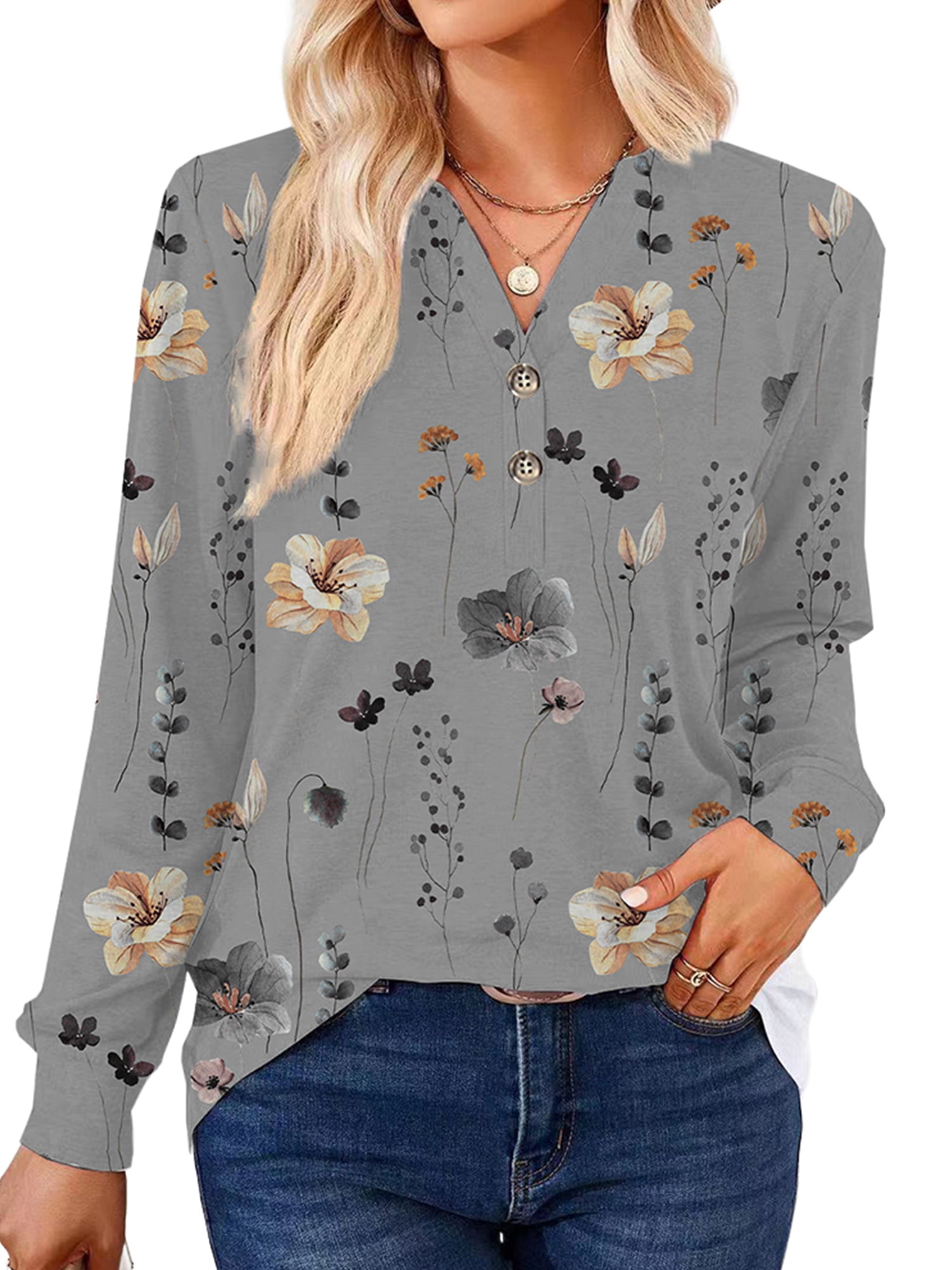 Cilcicy Women Long Sleeve V-Neck Button Collar Floral Print T-Shirt ...