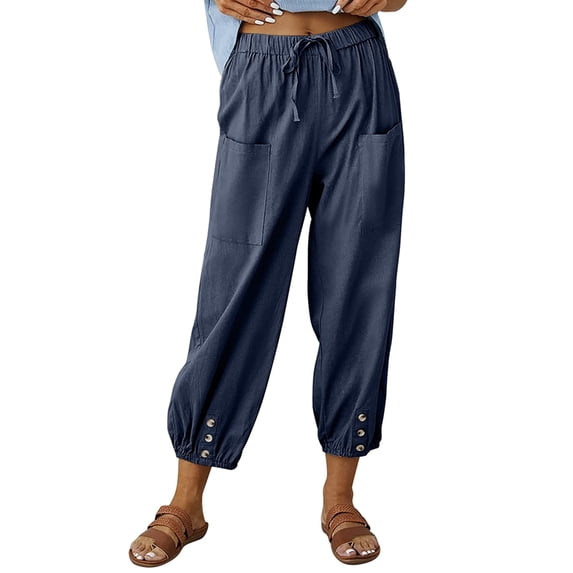 Cilcicy Women Loose High Waisted Buttoned Cotton Hemp Drawstring Trousers