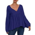 thumbnail image 1 of Cilcicy Women Puff Sleeve Solid Color V-neck Long Sleeve Blouse Loose Top, 1 of 4