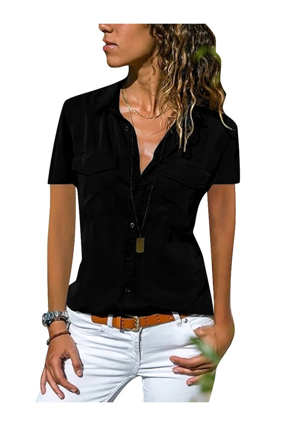 Women Summer Button-Down Pockets Shirt Collar With Stand Slim Silhouette Blouse