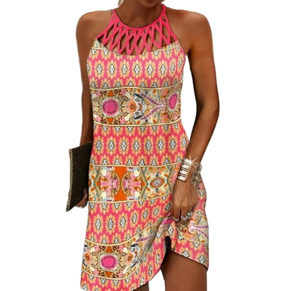 Cilcicy Women Summer Round Neck Hollow Neck Slim Fit Sleeveless Halter Neck Print Dress