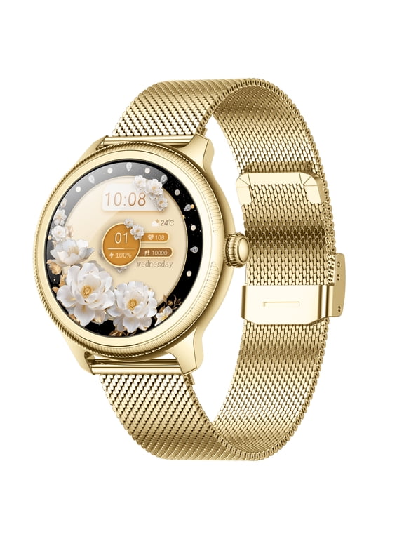 Smart Watch for Women, Elegant Round Smartwatch with 1.19" AMOLED Display, Bluetooth Calling, Stainless Steel Mesh Band, Sleep & Cycle Tracking, 100+ Sports Modes, Android iPhone, perfect gift