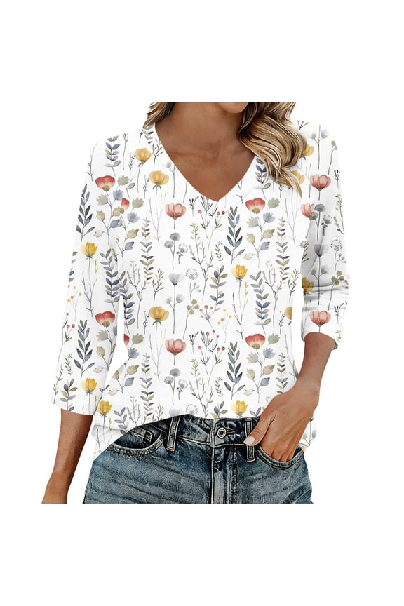 2026 Fashion Trends, Womens 3/4 Sleeve Summer Shirts 2026 Trendy Elbow Length Tops Floral Boho Blouses T Shirts Dressy Causal Clothes, Graphic Trendy Tees