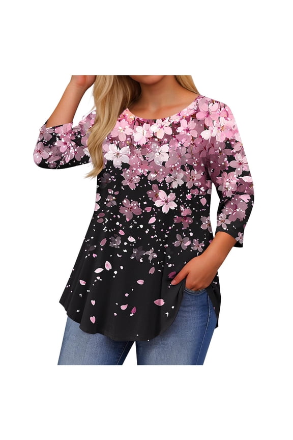 2026 Fashion Trendy Clothes, Plus Size Tops for Women V Neck T Shirt 3/4 Length Sleeve Blouse Dressy Casual Tee Loose Fit, Floral Print Tshirts