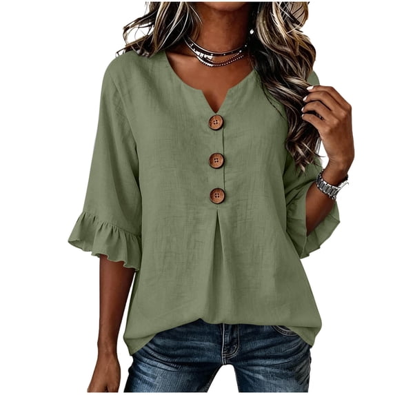 Cilsoka 3/4 Length Ruffle Sleeve Womens Tops Cotton Linen V Neck Button T Shirts Summer Beach Casual Boho Three Quarter Sleeve Tops