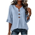 thumbnail image 1 of Cilsoka 3/4 Length Ruffle Sleeve Womens Tops Cotton Linen V Neck Button T Shirts Summer Beach Casual Boho Three Quarter Sleeve Tops, 1 of 6
