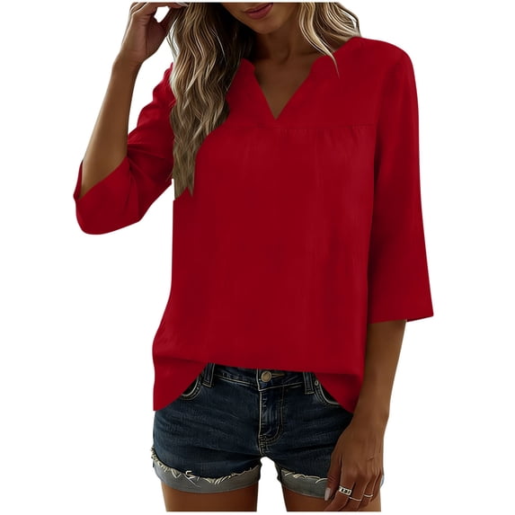 Cilsoka 3/4 Length Sleeve T Shirts for Women Cotton Linen V Neck Dressy Tunic Tops Solid Color Casual Loose Fit Blouses Tops