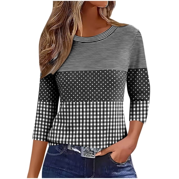 Cilsoka 3/4 Sleeve Shirts for Women Fall Striped Crew Neck Business Casual Tops Loose Three Quarter Length Work Blouses
