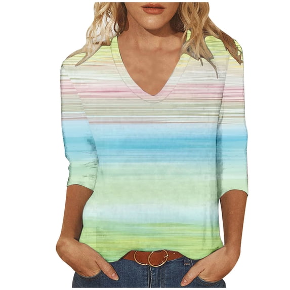 Cilsoka 3/4 Sleeve T Shirts for Women Fashion Colorful Striped V Neck Tops Summer Casual Boho Tunic Shirt for Women