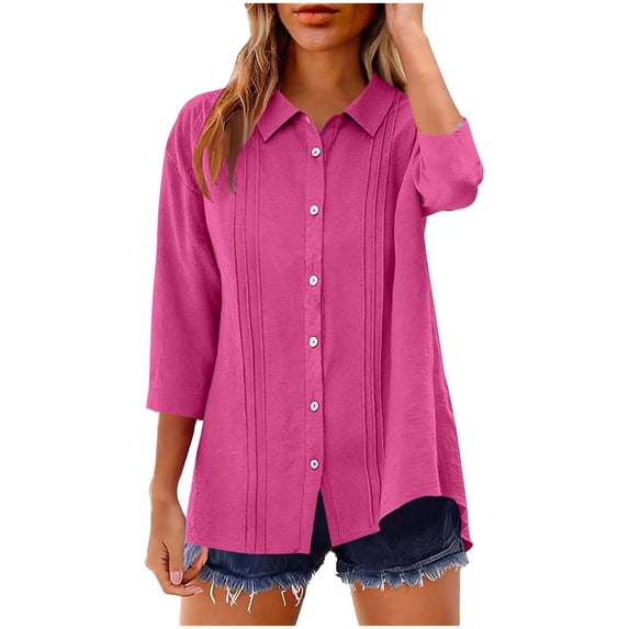 Cilsoka 3/4 Sleeve Tops for Women Button Down Shirts V Neck Pleated Casual Loose Blouses Roll Up Sleeve Shirt