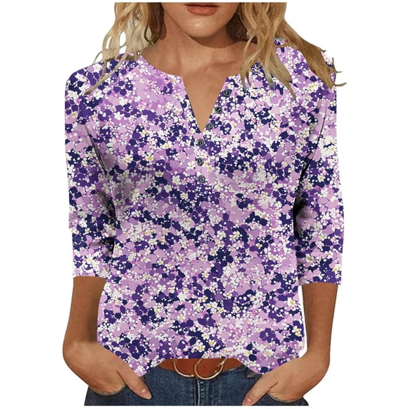 Cilsoka Blouses for Women Dressy Casual Short Sleeve, 3/4 Length Sleeve Womens Tops 2026 Summer Floral Henley V Neck Button Down Tunic Shirts Casual Business Blouses, Graphic Trendy Tees