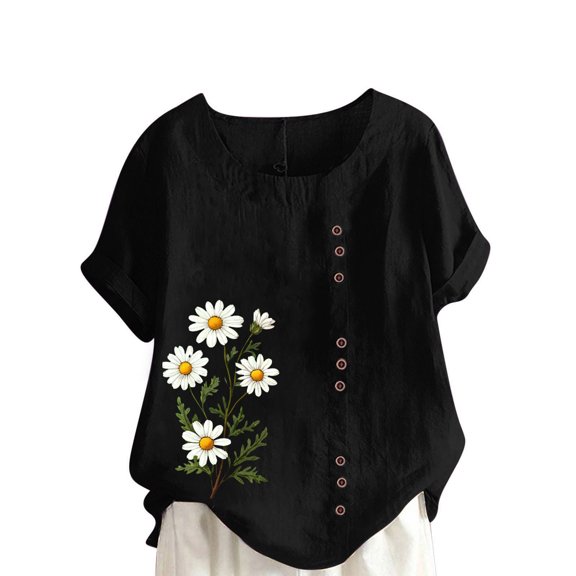 Cilsoka Linen Shirts for Women Cropped Womens Summer Work Tops Plus Size Graphic Tees for Women Vintage Womens Short Sleeve Blouses Boho