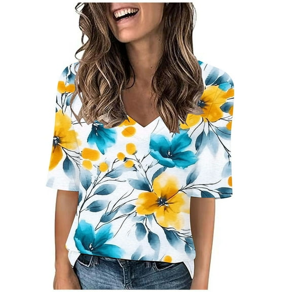 Cilsoka Shirts for Women V Neck Casual Long Business Casual Tops for Women Petite Graphic Tees for Women Vintage 70S Womens Short Sleeve Blouses Dressy