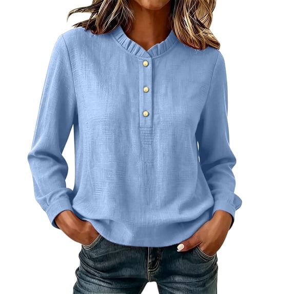 Cilsoka Cotton Linen Ruffle Neck Henley Blouse for Women Button Long Sleeve Shirt Loose Fit Everyday Casual Tunic Tops