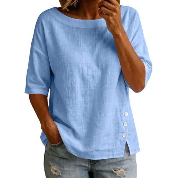 Cilsoka Cotton Linen T-Shirt for Women Versatile Short Sleeve Crew Neck Shirts with Side Button Down Casual Loose Fit Tops