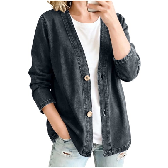 Cilsoka Denim Jacket for Women Classic Button Front Denim Jacket Relaxed Fit Lightweight Vintage Casual Long Sleeve Jackets Cardigans