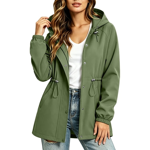 Cilsoka Drawstring Waist Waterproof Jacket for Womens Long Sleeve Windbreaker with Hooded Casual Solid Softshell Jackets