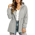 thumbnail image 1 of Cilsoka Drawstring Waist Waterproof Jacket for Womens Long Sleeve Windbreaker with Hooded Casual Solid Softshell Jackets, 1 of 4